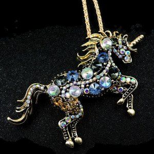 Blue & AB Rhinestone Unicorn Pendant Brooch NWT
